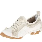Zapatilla urbana blanca con detalles dorados, de cuero y tela calada. Cuenta con cordones, suela antideslizante Bounce® y plantilla extraíble de poliuretano con inserto de gel en el talón.