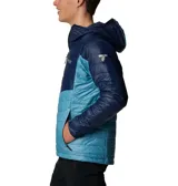 Campera Columbia Platinum Peak para hombre, con capucha y cierre frontal. Diseño color block en azul marino y celeste. Cuenta con tecnología térmica reflectante Omni-Heat Infinity y plumón sintético reciclado Omni-Heat.