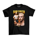 Remera negra con estampado gráfico de Sam Smith, fabricada en 100% algodón.