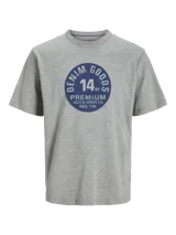 Camiseta gris de manga corta y cuello redondo con estampa circular azul con texto "Denim Goods 14oz Premium Jack & Jones Co. Reg. T.M.".