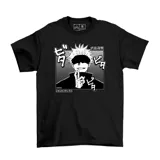Remera negra de algodón con estampado de Gojo Satoru, personaje del anime Jujutsu Kaisen.