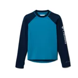 Remera de manga larga Columbia, color azul con mangas azul marino. Cuenta con tecnología Omni-Wick para control de humedad y protección solar Omni-Shade UPF 50.