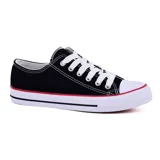 Championes deportivos bajos de tela color negro con detalles en blanco y rojo.