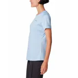 Remera deportiva Columbia color gris con estampado de líneas horizontales y logo de la marca en el pecho.