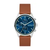 Reloj con correa de cuero marrón y cara azul, cronógrafo y diseño elegante.
