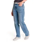 Pantalón de jean de tiro alto, corte recto y color azul medio.