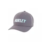 Gorra de béisbol gris oscuro, estilo snapback o ajustable, con visera curva. Presenta el logo "HURLEY" en el frente con un efecto de líneas horizontales en color celeste/turquesa claro.