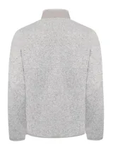Buzo polar gris jaspeado con cuello alto y medio cierre.