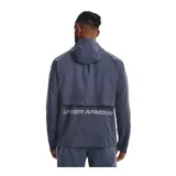 Campera deportiva Under Armour Launch Hooded Jacket, color gris azulado, con cierre frontal completo, capucha y logo en el pecho.