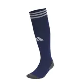 Medias de fútbol Adidas adi 23, color azul marino con tres tiras horizontales blancas en la parte superior y logo de la marca en el frente.