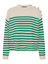 Sweater de punto con cuello en V y mangas largas con detalles de botones. Color blanco con rayas horizontales verdes.