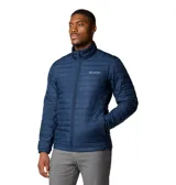 Campera puffer azul marino para hombre, marca Columbia, modelo Silver Falls II. Confeccionada con tecnología Omni-Shield™ que repele la humedad y resistente a las manchas. Aislamiento Thermarator™ de poliéster 100 % reciclado. Cuenta con bolsillos con cremallera, puños elásticos y dobladillo ajustable con cordón.