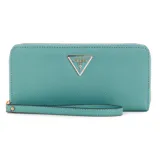 Billetera Guess Laurel color turquesa, con textura y logo metálico frontal. Tiene cierre perimetral, ranuras para tarjetas, compartimento para billetes y monedero con cierre.