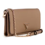 Cartera bandolera Guess Noelle color beige con correa de cadena dorada y logo triangular dorado en el frente.