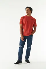 Remera de manga corta color ladrillo, con cuello redondo y estampado con texto y diseño abstracto en el frente.