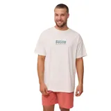 Remera manga corta color crema con estampa centrada en el pecho con el logo de la marca Rusty y la frase "Everywhere in the deep" en color celeste.