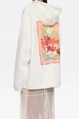 Sudadera blanca de algodón con capucha ajustable con cordones personalizados, manga larga recta, logo estampado en el pecho y bajo elástico con topes.