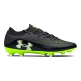Championes de fútbol Under Armour Magnetico Pro 4 FG, color gris oscuro con detalles en negro y verde flúor. Presentan el logo de Under Armour en blanco en el lateral y suela con tapones para césped natural.