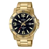 Reloj Casio dorado con esfera negra, agujas luminiscentes, bisel giratorio y calendario.