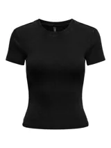 Top negro de corte cropped, cuello redondo y mangas cortas.