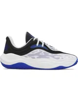Championes de básquet Under Armour Curry Splash 25, color blanco con detalles en negro y azul. Diseñados para streetball, con suela de goma duradera, malla transpirable y revestimientos resistentes a la abrasión.