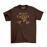 Remera marrón con estampado del videojuego Age of Empires que incluye texto y edificios del juego.
