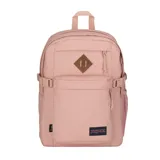 Mochila en color rosado, diseño clásico con compartimentos múltiples y cierre frontal.
