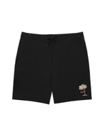 Short de baño negro con cordón ajustable en la cintura y logo de Deus Ex Machina con una palmera bordado en la pierna derecha.