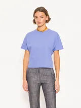 Remera celeste de algodón con cuello redondo y mangas cortas.