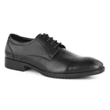 Zapato de vestir negro de cuero liso con cordones y suela plana.