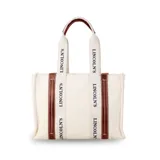 Bolso tipo tote bag color crudo con estampado del logo "Lincoln's" en negro. Tiene detalles en símil cuero negro en las asas y en la base.