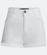 Short de sarga negro con cintura alta, bolsillos delanteros y traseros.