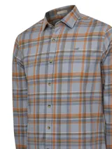 Camisa de franela a cuadros color celeste, naranja y marrón, de manga larga y corte moderno.