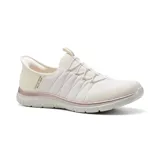 Championes Skechers Hands Free Slip-ins Virtue Glow, color beige con detalles en rosa. Diseñados con Heel Pillow, capellada de malla, cordones elásticos fijos, plantilla Skechers Air-Cooled Memory Foam y suela de tracción flexible.