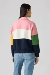 Sweater de cuello polo con botones, mangas largas y diseño color block en tonos rosa, blanco, verde, azul marino y amarillo.