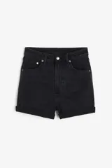 Short de jean negro de tiro alto con cinco bolsillos, confeccionado en denim de algodón levemente elástico y dobladillo cosido.