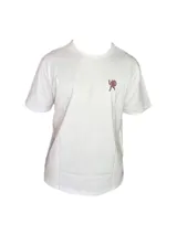 Remera blanca de algodón con cuello redondo y mangas cortas. Estampado pequeño en el pecho de un hombre haciendo una pose.