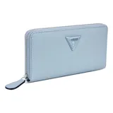 Billetera Guess modelo Viviette, color celeste, con cierre perimetral y logo triangular de la marca en metal plateado en el frente.