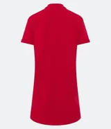 Vestido corto gris con cuello redondo, mangas cortas con doblez y bolsillo frontal.