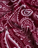 Pañuelo cuadrado negro con estampado paisley en blanco y borde con diseño geométrico.