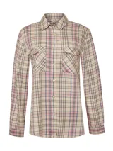 Camisa de manga larga con estampado de cuadros en tonos beige, rosa y gris. Tiene cuello camisero, cierre con botones y dos bolsillos con solapa en el pecho.
