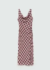 Vestido largo sin mangas con estampado de cuadros, cuello drapeado y detalle drapeado.