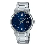 Reloj Casio plateado con esfera azul, caja de acero inoxidable de 44mm y correa de eslabones. Incluye indicador de fecha.