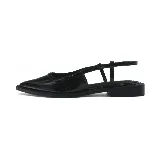 Zapato femenino elegante y fresco, con punta fina, talón abierto y tiras cruzadas en el empeine.