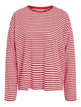 Camiseta de manga larga a rayas rojas y blancas, de corte holgado y cuello redondo.