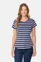 Remera de algodón a rayas horizontales azul marino y blancas, con cuello redondo y mangas cortas.
