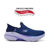 Championes deportivos Skechers Slip-ins Max Cushioning Arch Fit 2.0, color azul con detalles en lila y blanco. Diseñados con tecnología Hands Free Slip-ins para un ajuste fácil, Heel Pillow para mantener el pie en su lugar y plantilla Arch Fit con soporte de arco certificado por podólogos.
