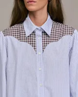 Camisa de manga larga con cuello abotonado, de corte recto, con canesú y puños a cuadros. El cuerpo de la camisa es a rayas verticales celestes y blancas.