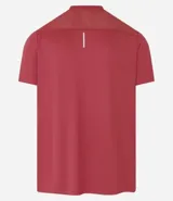 Remera deportiva blanca de poliéster, con cuello redondo, mangas cortas y recortes laterales.