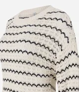 Suéter de punto color crema con rayas horizontales en zigzag color negro, cuello redondo y mangas largas.